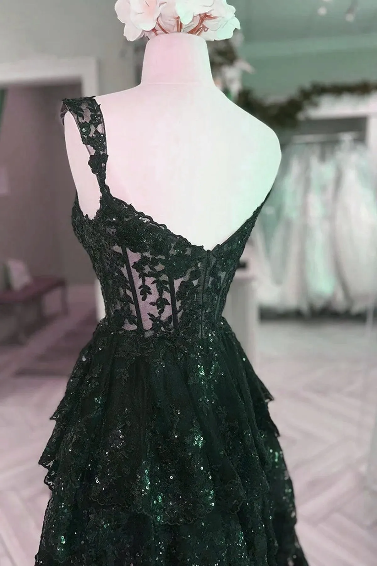 Green Tulle with Lace Straps Layers Party Dress, Green Tulle Prom Dress