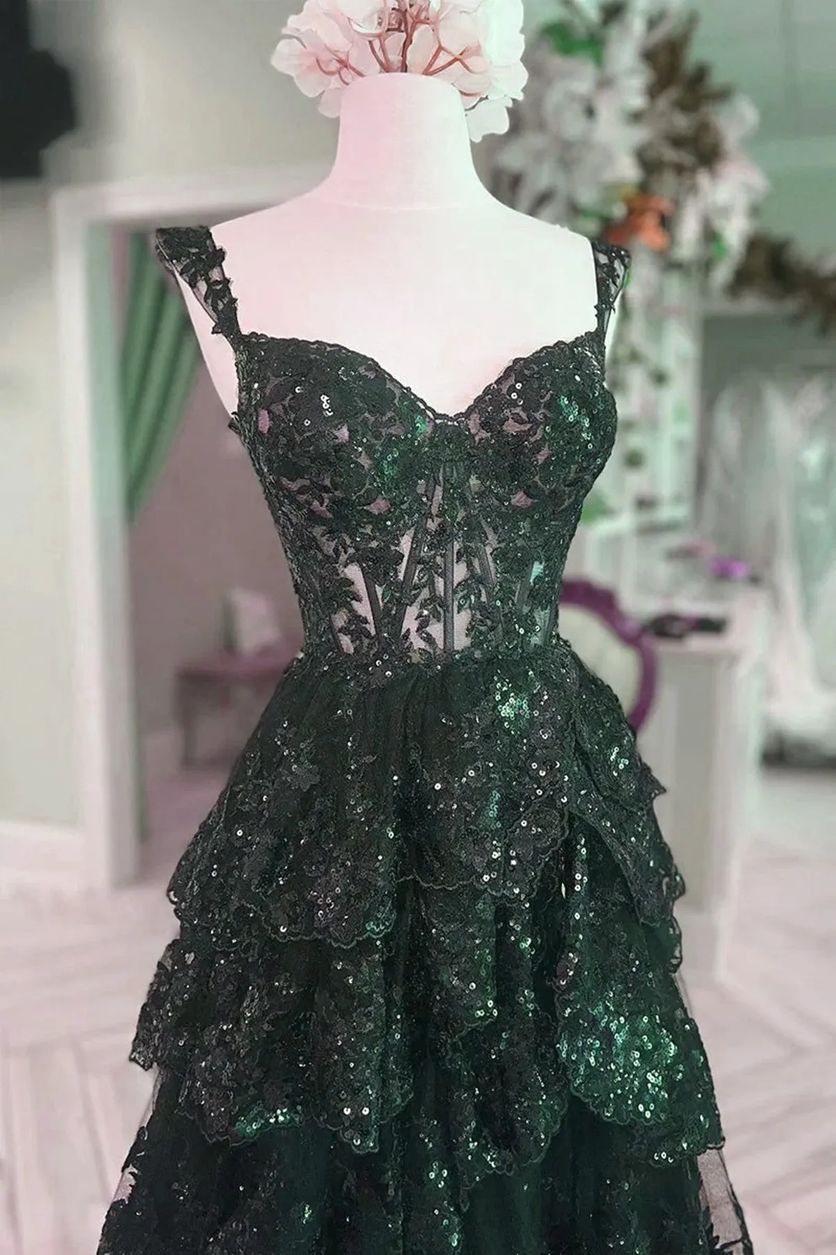 Green Tulle with Lace Straps Layers Party Dress, Green Tulle Prom Dress