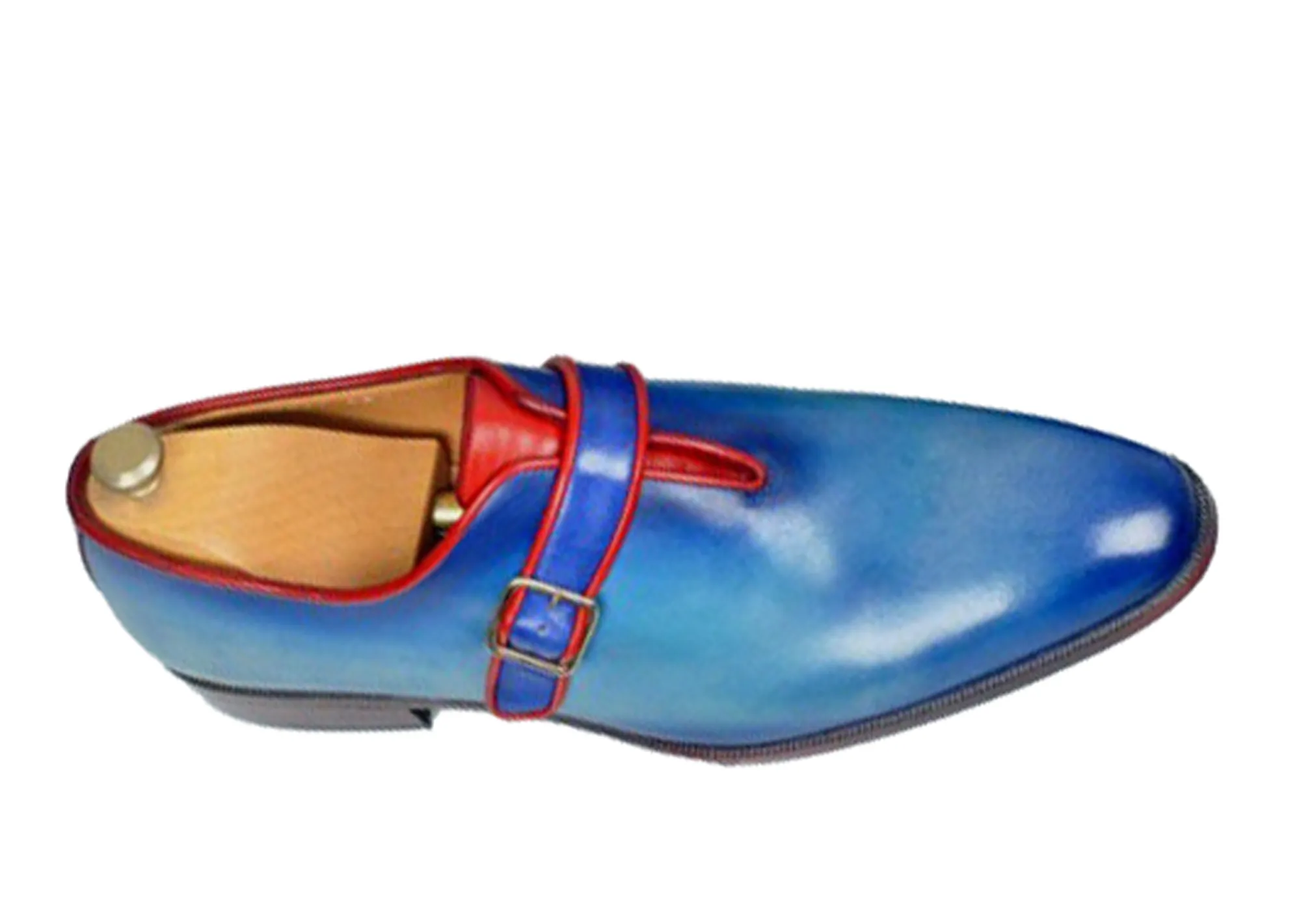 Handmade Blue Color Genuine Calf Leather Stylish Monk Strap Dress Shoes For Men's
