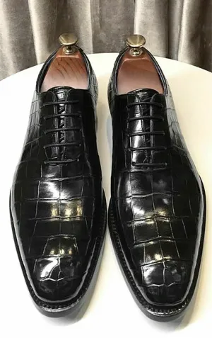 Handmade Leather Dress Shoes for Men in Black Crocodile Pattern