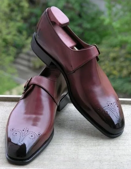 Handmade Maroon Brogue Monk Leather Dress Shoes