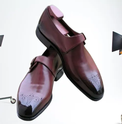 Handmade Maroon Brogue Monk Leather Dress Shoes