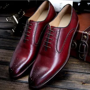 Handmade Men's Burgundy Brogue Leather Dress Shoes