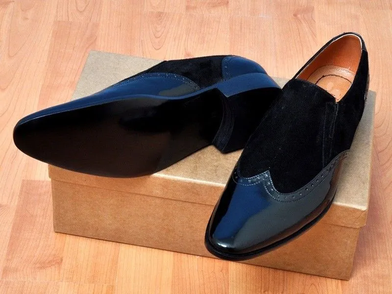Handmade Patent Leather and Suede Moccasin Shoes for Men