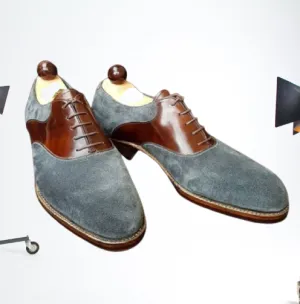 Handmade Two Tone Leather Dress Shoes for Men in Grey Suede