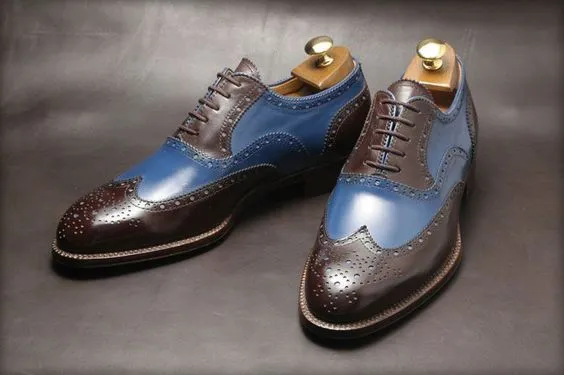 Handmade Two Tone Wing Tip Brogue Shoes - Real Leather Dress Shoes