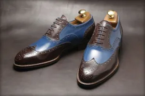 Handmade Two Tone Wing Tip Brogue Shoes - Real Leather Dress Shoes