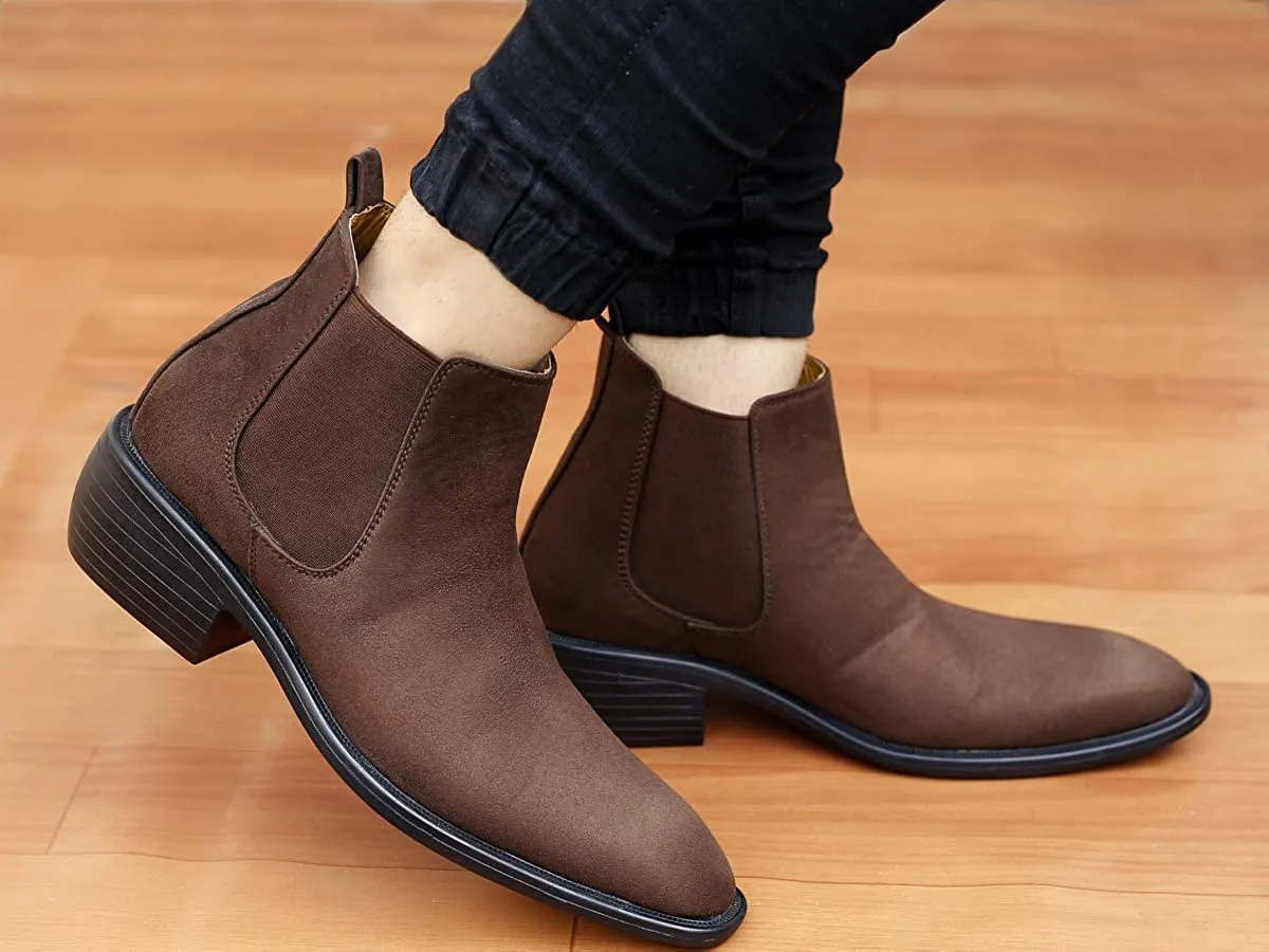 Height Increasing Suede Material Brown Casual Chelsea Boots For Men-JonasParamount