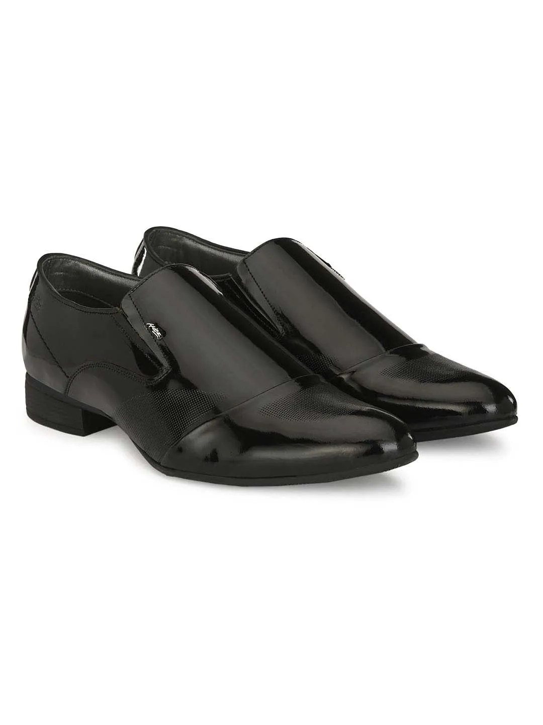 Hitz Men's Black Leather Slip-On Semi-Formal Shoes