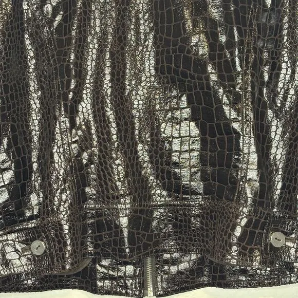 JUST B Dark Chocolate Brown Light Weight Crocodile Print Faux Leather Jacket M‎