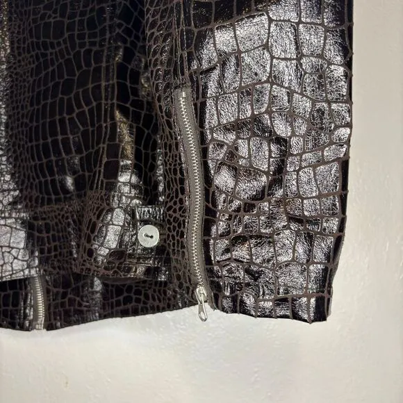 JUST B Dark Chocolate Brown Light Weight Crocodile Print Faux Leather Jacket M‎