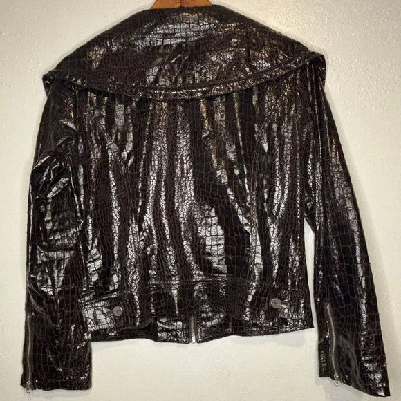 JUST B Dark Chocolate Brown Light Weight Crocodile Print Faux Leather Jacket M‎