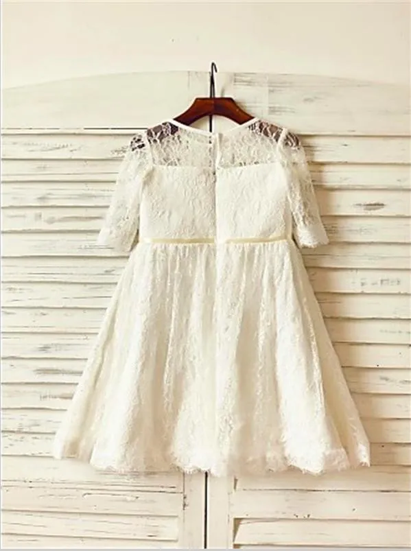 Lace Princess Scoop 3/4 Sleeves Ankle-Length Flower Girl Dresses With Hand-made Flower
