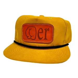 Leather Head Custom Butter butt her Genuine Leather Funny Patch Sewn on a Yellow Mustard SnapBack Hat Cap with Rope