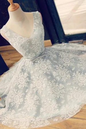 Light Blue Lace A-Line V-Neck Backless  Homecoming Dress with Belt, SH232