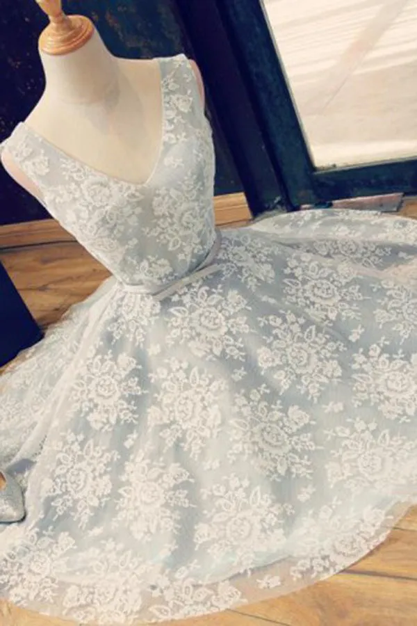 Light Blue Lace A-Line V-Neck Backless  Homecoming Dress with Belt, SH232