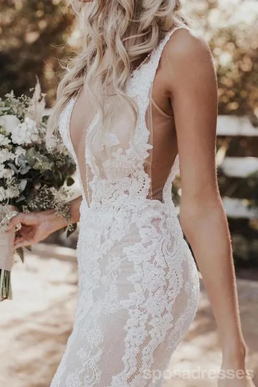 Long Mermaid Sleeveless V-neck Backless Lace Wedding Dresses Online,WD740