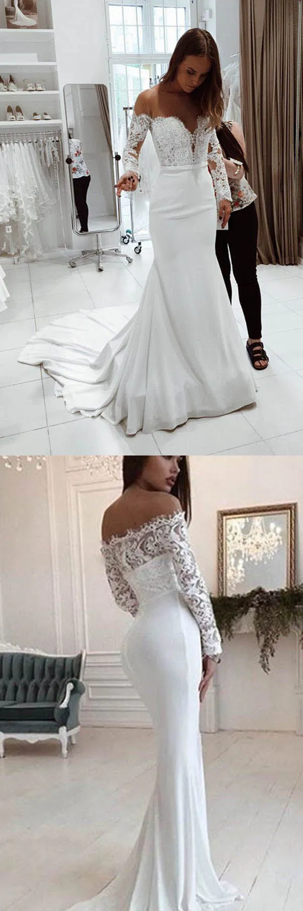 Long Sleeves Off the Shoulder Mermaid Bridal Long Wedding Dresses, BGP230