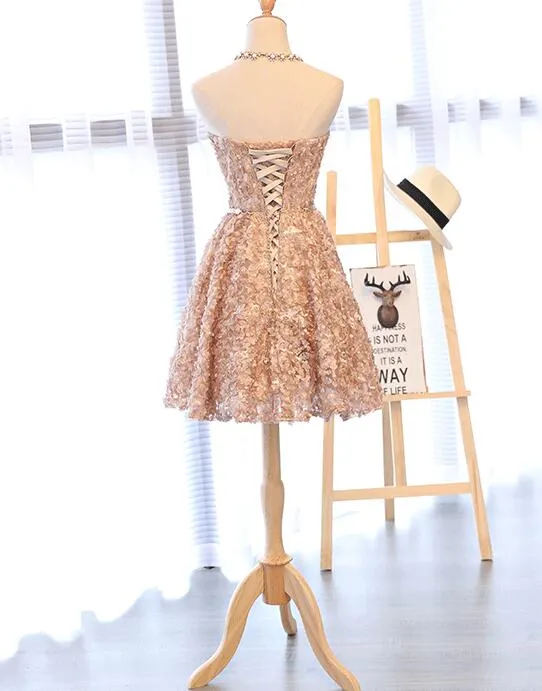 Lovely Champagne Knee Length Party Dress , Lace Floral Homecoming Dress