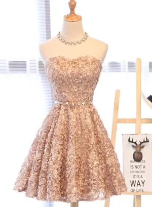 Lovely Champagne Knee Length Party Dress , Lace Floral Homecoming Dress