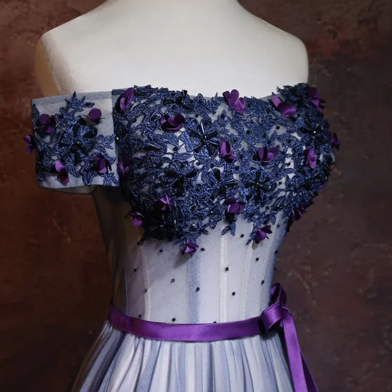 Lovely Navy Blue Tulle Off Shoulder Long Party Dress, A-line Floor Length Evening Dress