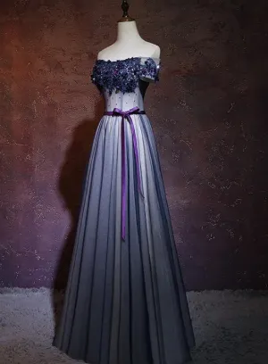 Lovely Navy Blue Tulle Off Shoulder Long Party Dress, A-line Floor Length Evening Dress