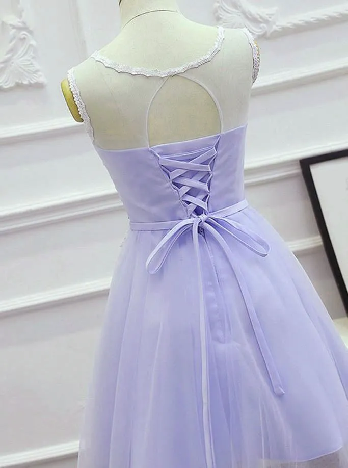 Lovely Tulle Round Neckline Applique Purple Party Dress, Lavender Homecoming Dress 2019