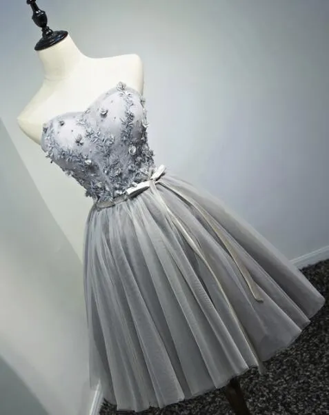 Lovely Tulle Short Grey Tulle  Lace Up Short Dresses Homecoming With Applique, Teen Party Dress, Woman Formal Dresses
