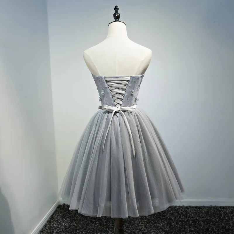 Lovely Tulle Short Grey Tulle  Lace Up Short Dresses Homecoming With Applique, Teen Party Dress, Woman Formal Dresses