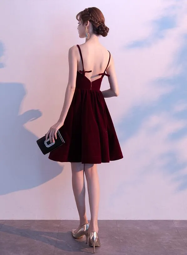 Lovely Velvet Burgundy Short Straps Homecoming Dress, Lovely Short Wedding Party Dress
