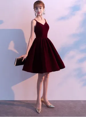 Lovely Velvet Burgundy Short Straps Homecoming Dress, Lovely Short Wedding Party Dress