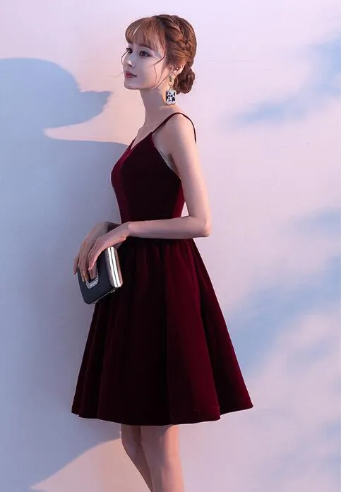 Lovely Velvet Burgundy Short Straps Homecoming Dress, Lovely Short Wedding Party Dress
