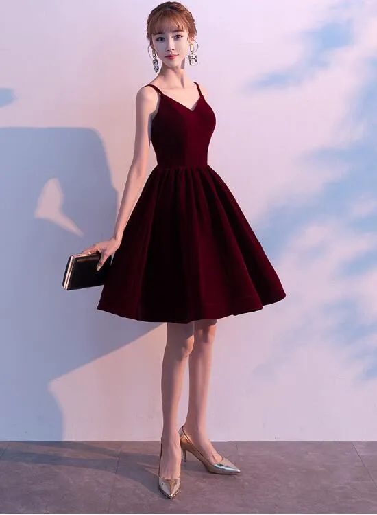 Lovely Velvet Burgundy Short Straps Homecoming Dress, Lovely Short Wedding Party Dress