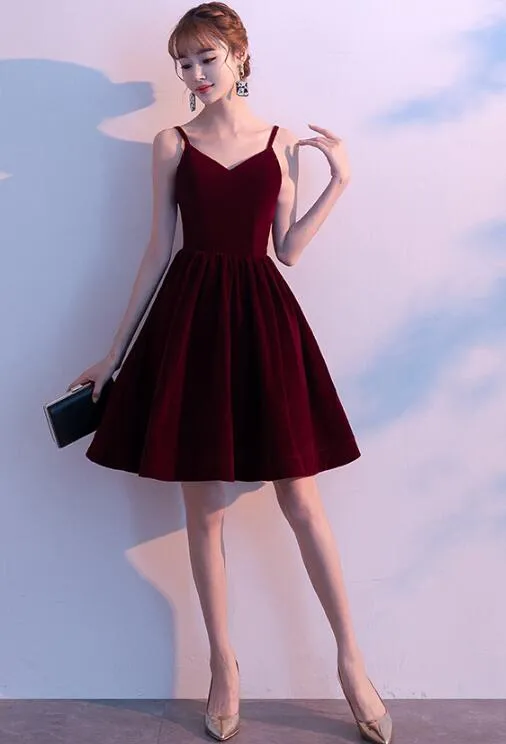 Lovely Velvet Burgundy Short Straps Homecoming Dress, Lovely Short Wedding Party Dress