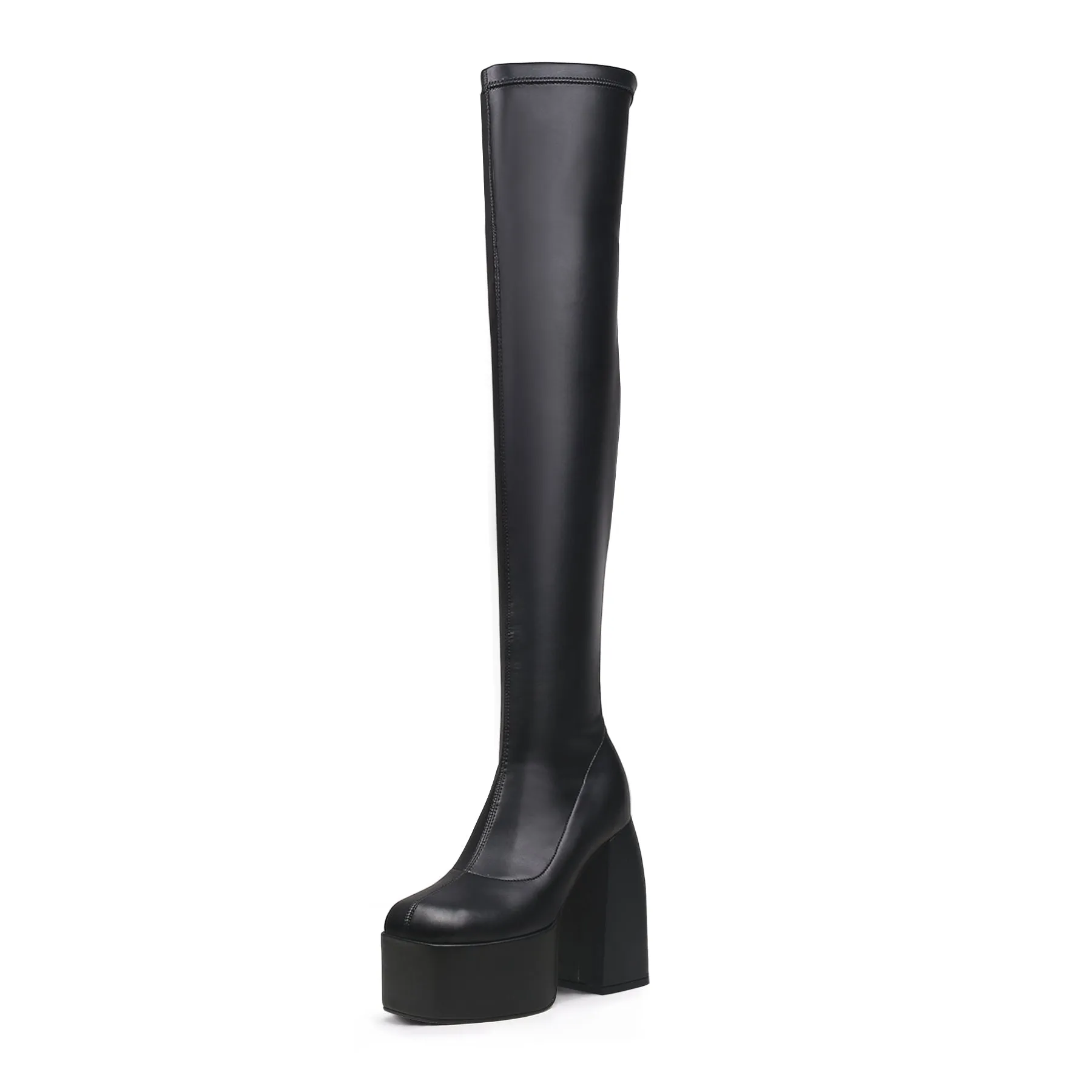 Lug Sole Black Leather Over Knee Night Boot
