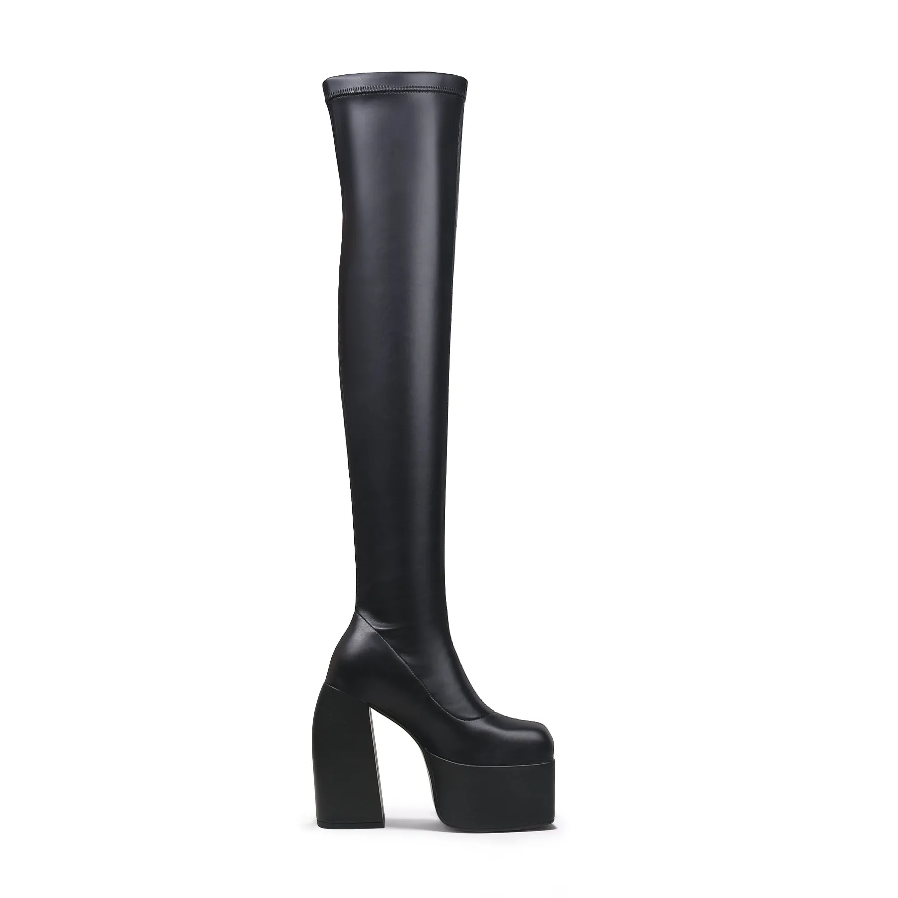 Lug Sole Black Leather Over Knee Night Boot