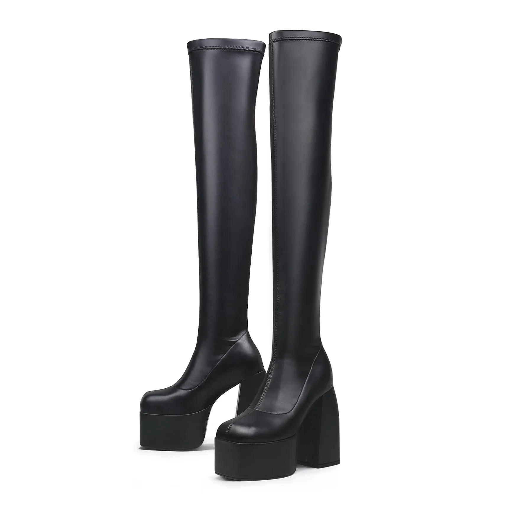 Lug Sole Black Leather Over Knee Night Boot