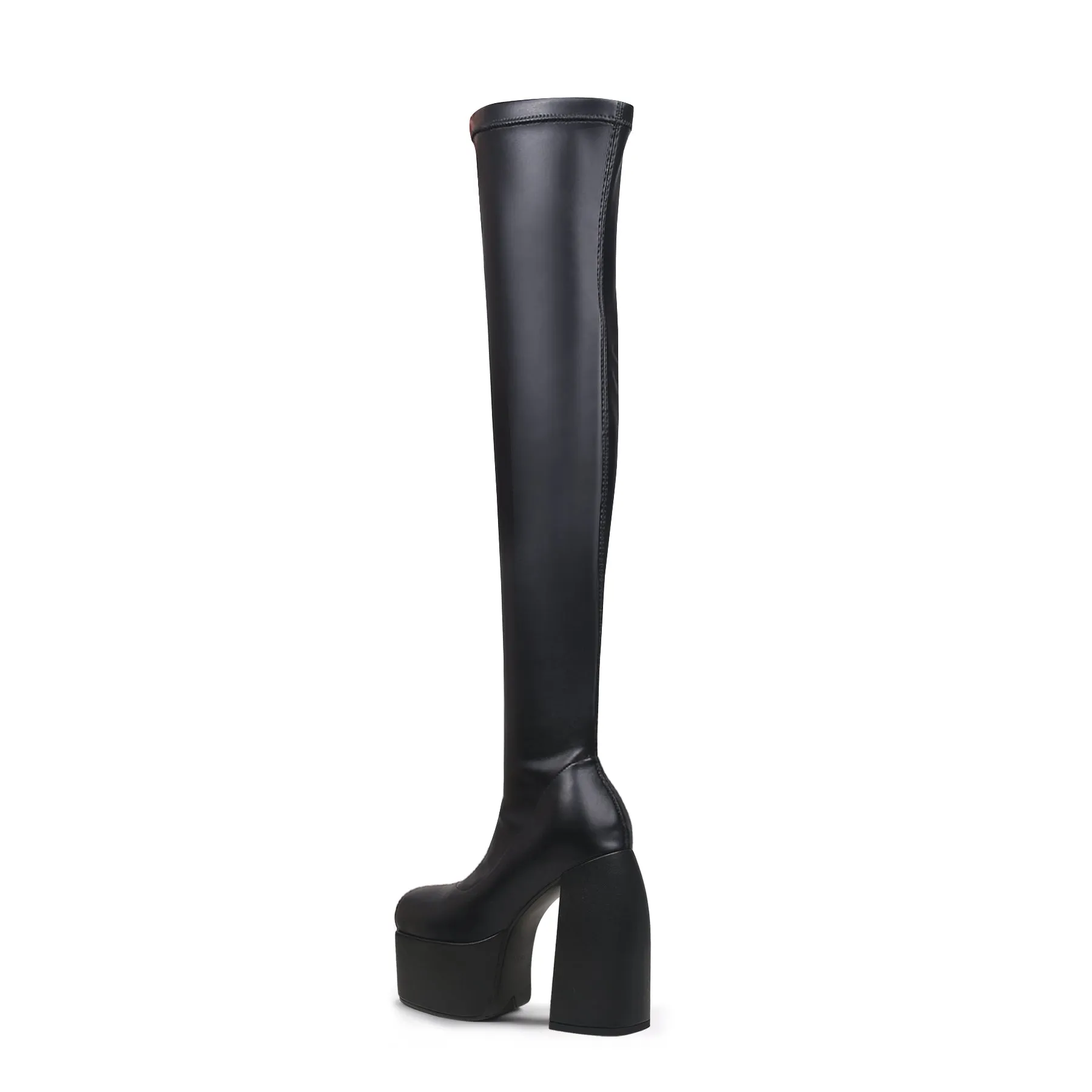 Lug Sole Black Leather Over Knee Night Boot