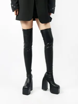 Lug Sole Black Leather Over Knee Night Boot