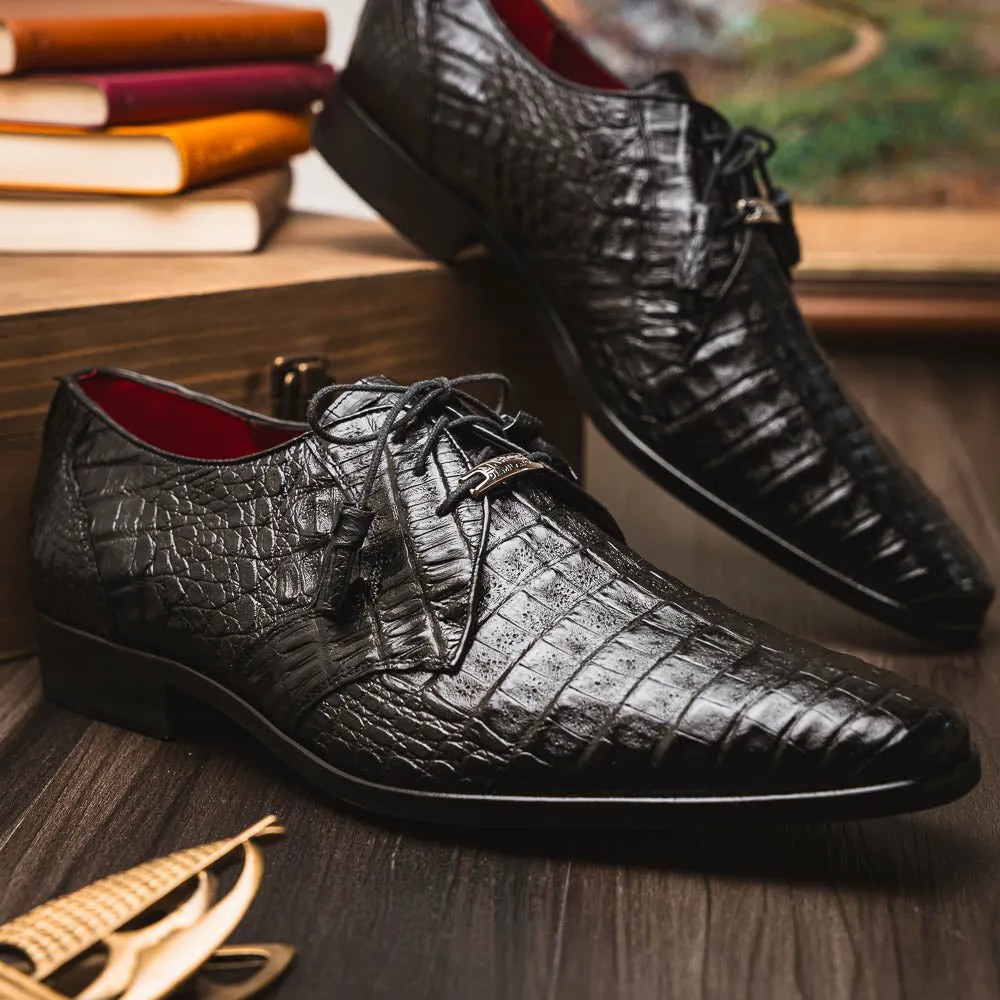 Marco Di Milano Lacio in Black Caiman Crocodile Derby Dress Shoes