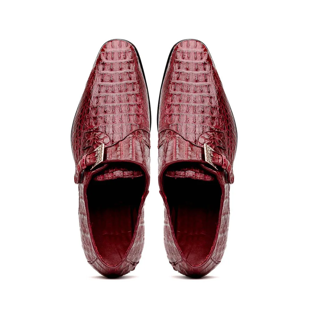 Marco Di Milano Luigi Wine Caiman Crocodile Monk Strap Dress Shoes