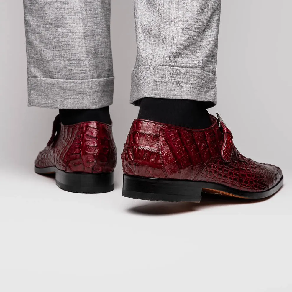 Marco Di Milano Luigi Wine Caiman Crocodile Monk Strap Dress Shoes
