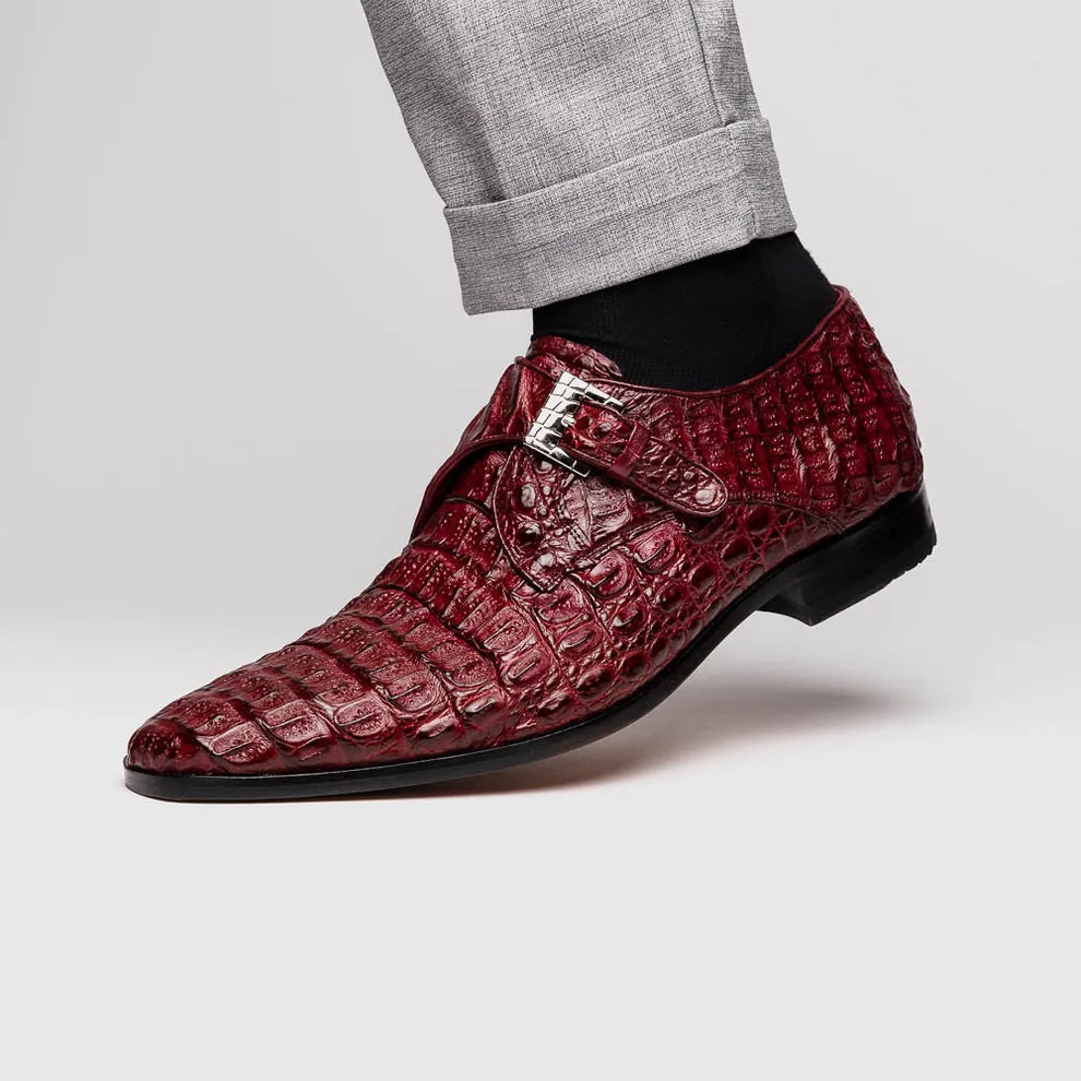 Marco Di Milano Luigi Wine Caiman Crocodile Monk Strap Dress Shoes