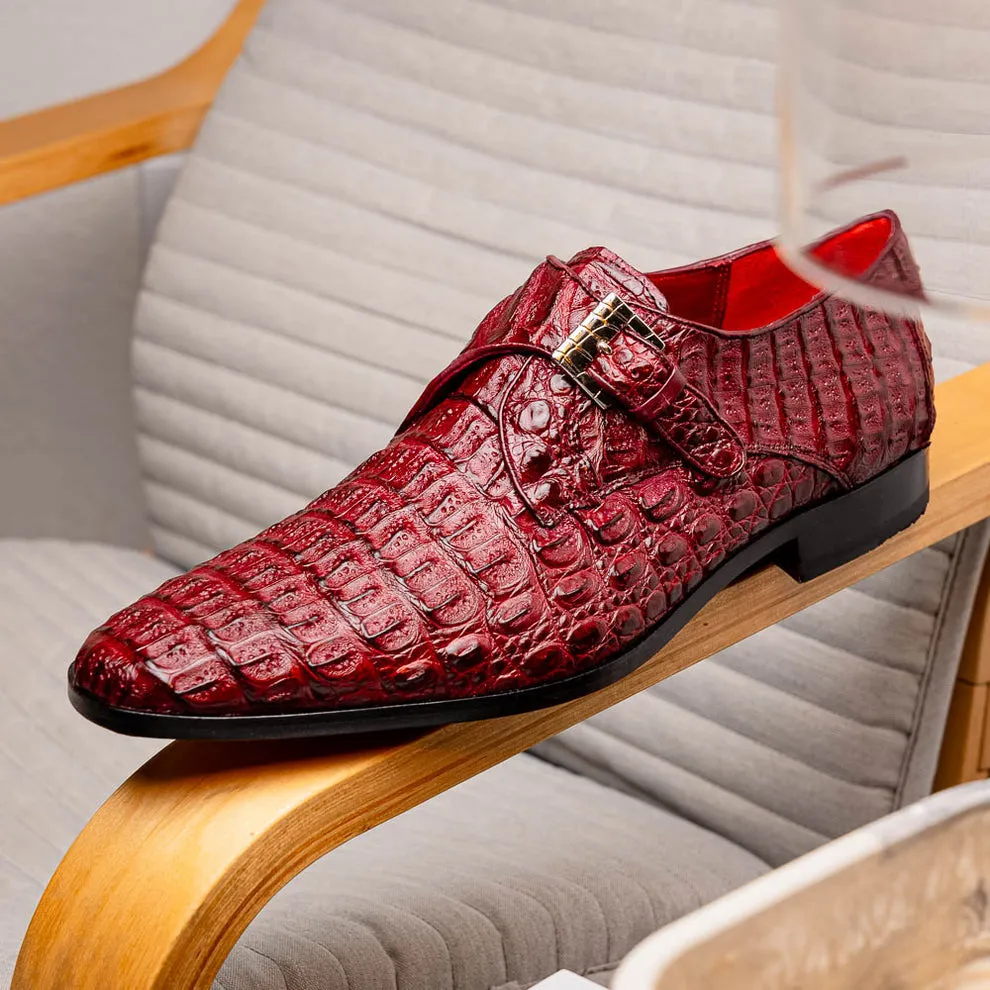 Marco Di Milano Luigi Wine Caiman Crocodile Monk Strap Dress Shoes