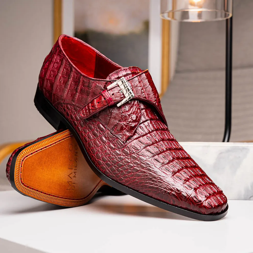 Marco Di Milano Luigi Wine Caiman Crocodile Monk Strap Dress Shoes