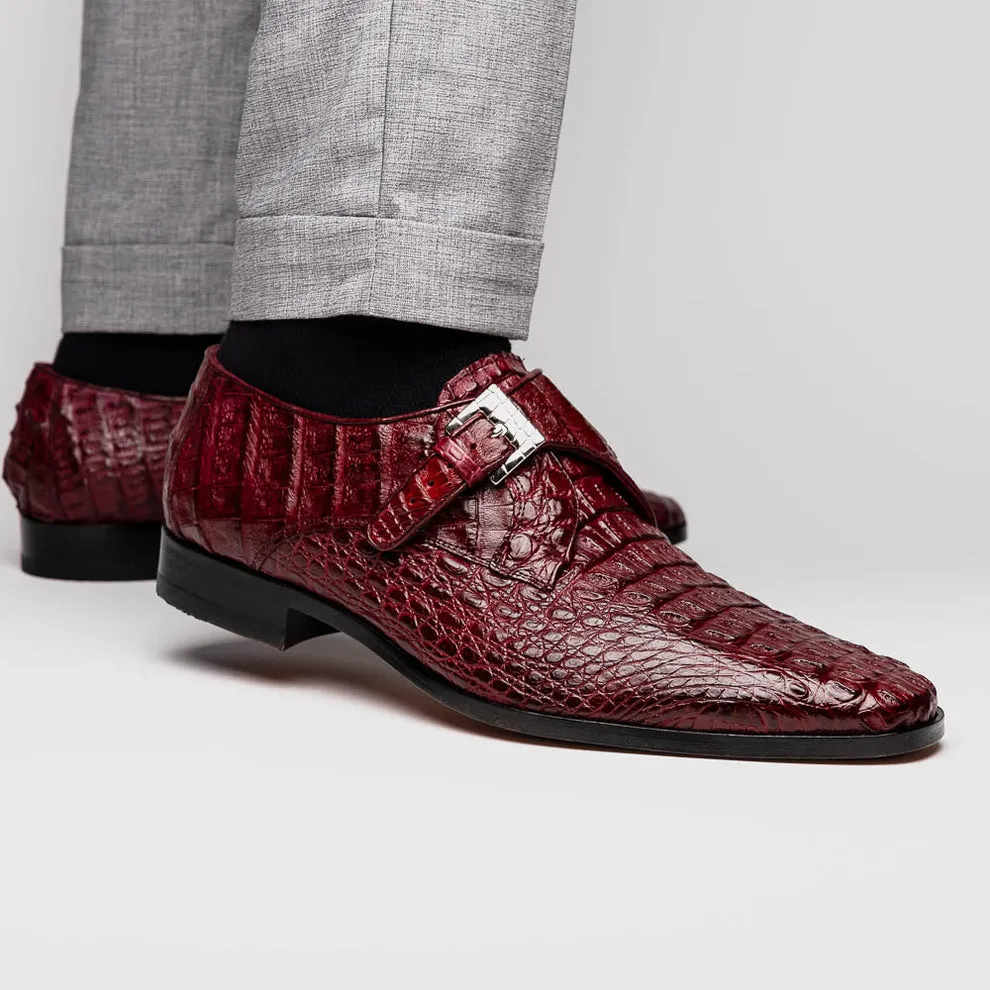 Marco Di Milano Luigi Wine Caiman Crocodile Monk Strap Dress Shoes