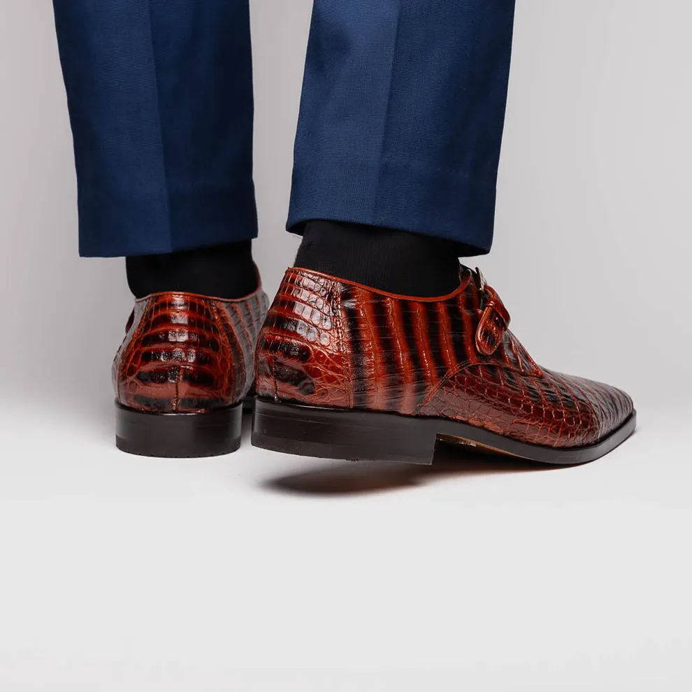 Marco Di Milano Rovigo Cognac Caiman Crocodile Monk Strap Dress Shoes