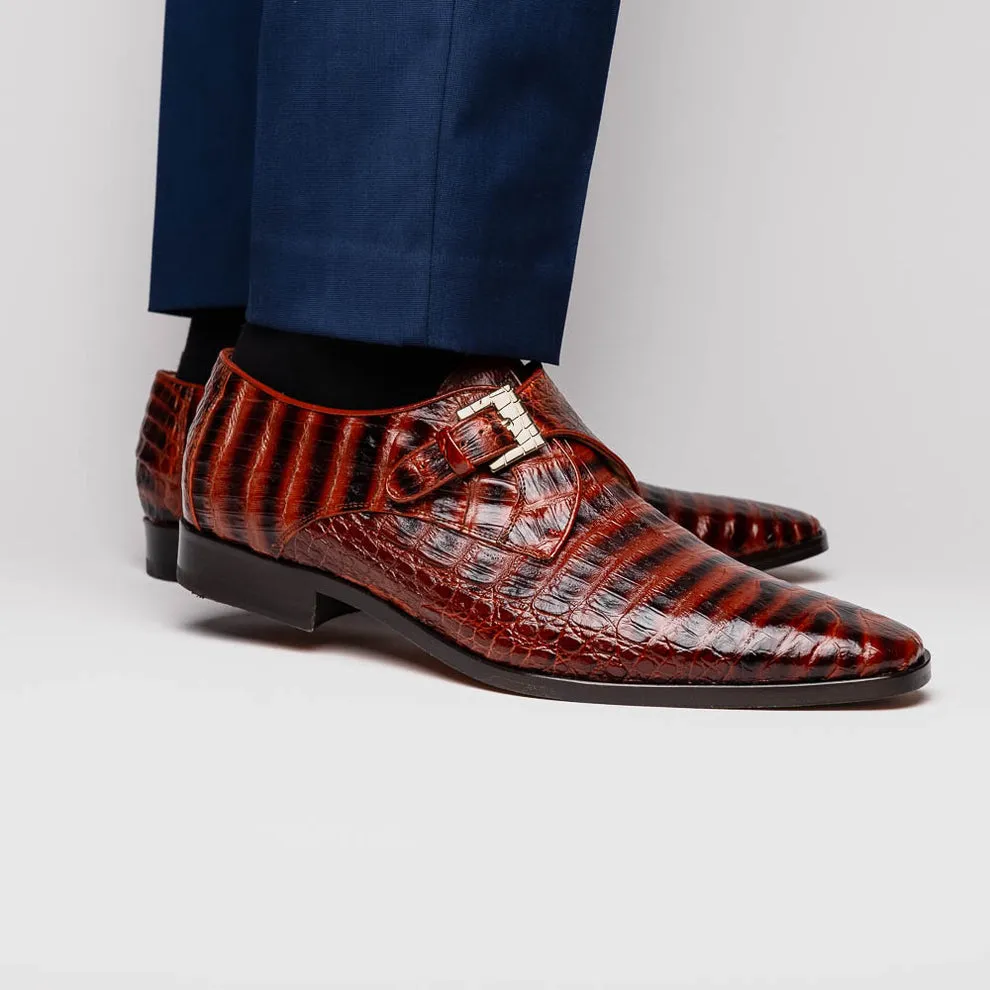 Marco Di Milano Rovigo Cognac Caiman Crocodile Monk Strap Dress Shoes