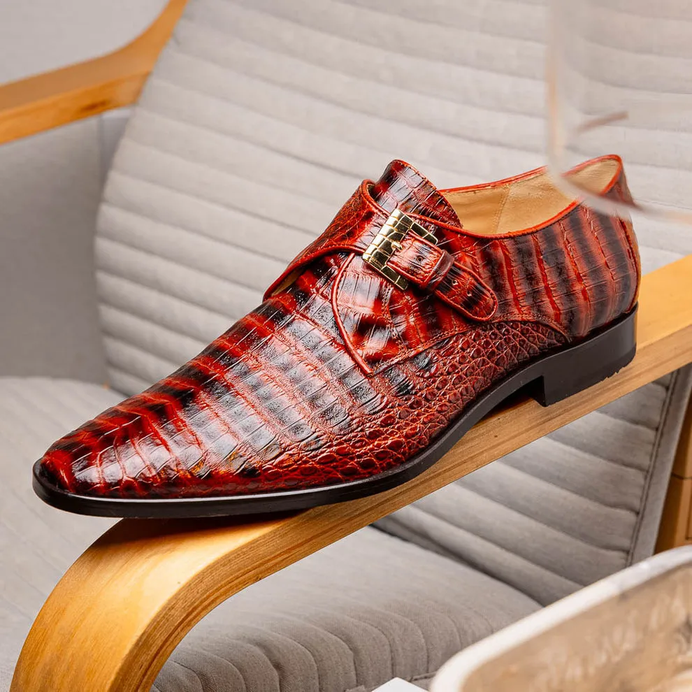 Marco Di Milano Rovigo Cognac Caiman Crocodile Monk Strap Dress Shoes