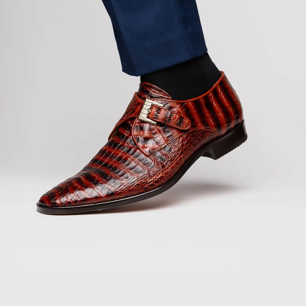 Marco Di Milano Rovigo Cognac Caiman Crocodile Monk Strap Dress Shoes
